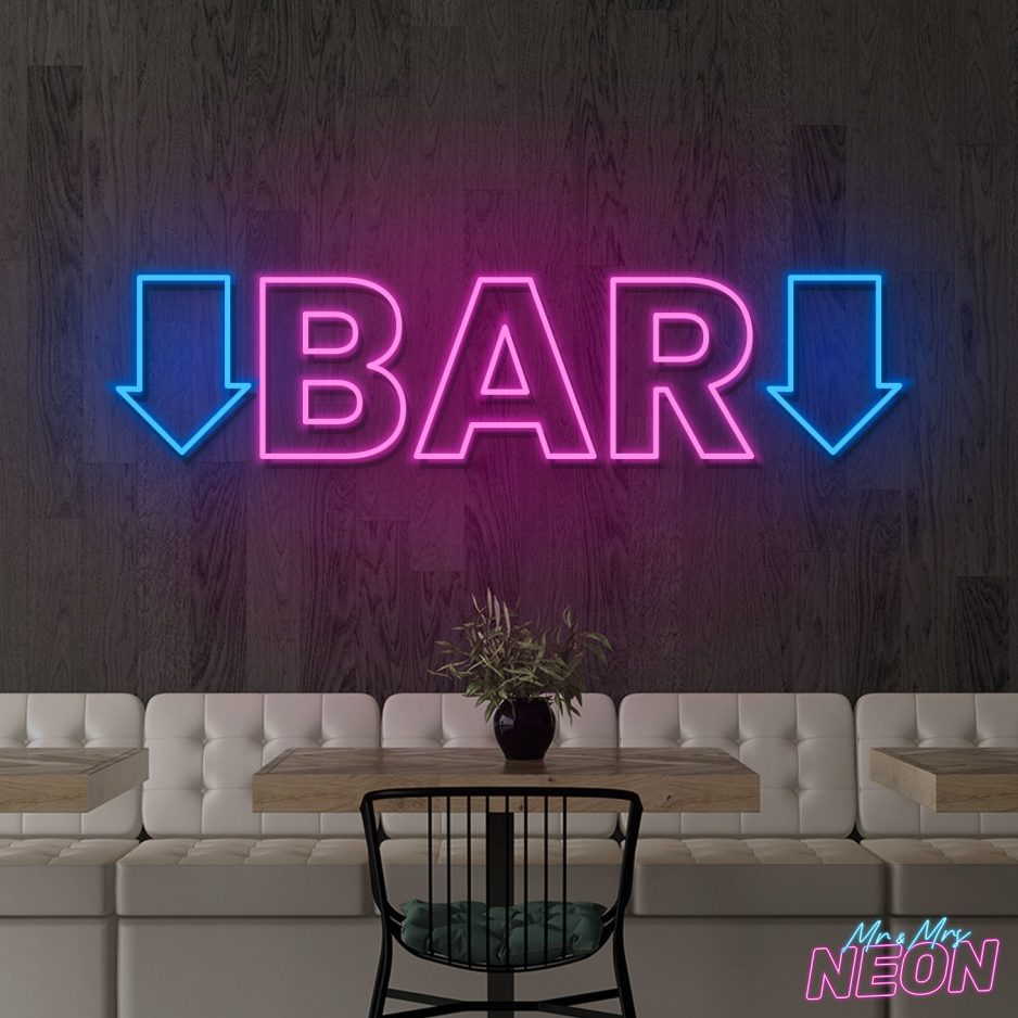 Bar Downstairs Neon Sign Deep Blue Deep Pink