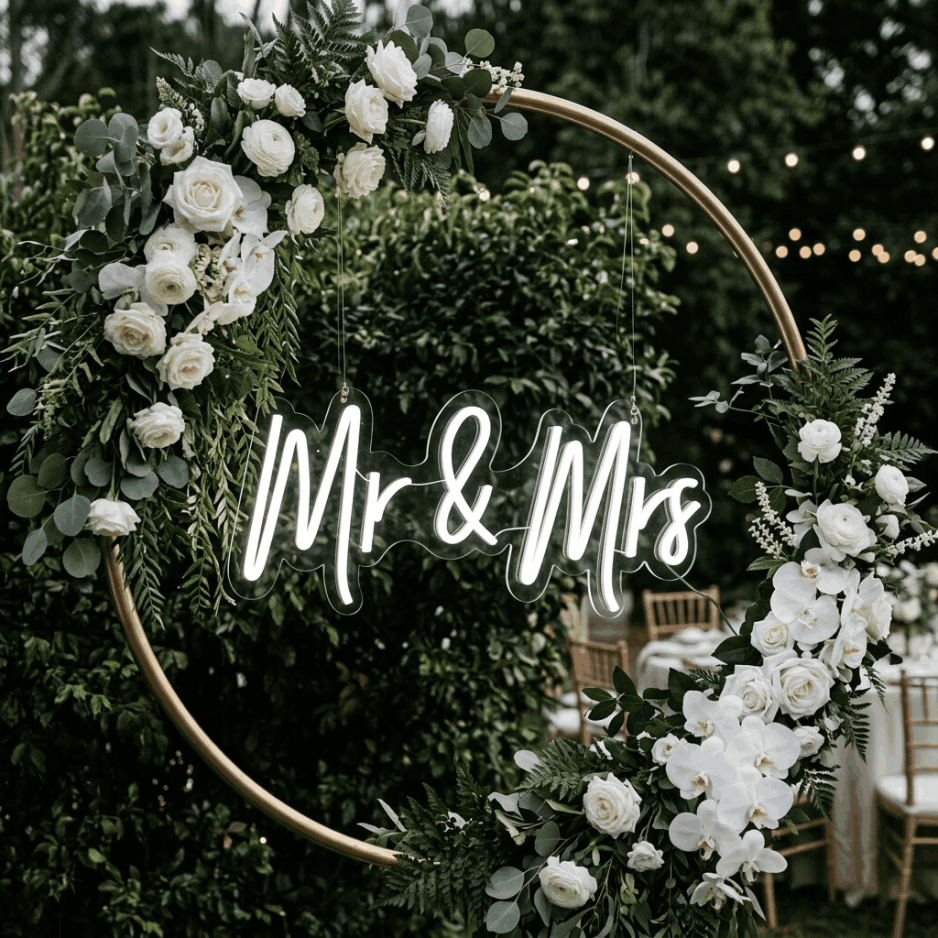Mr & Mrs Neon Sign in Wedding Backdrop